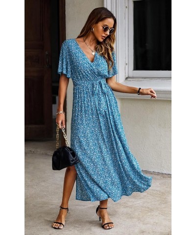 Women's Summer Maxi Dress Casual Boho Floral Wrap V Neck Short Sleeve Ruffle Split Flowy Long Beach Dresses with Belt Blue Wh...