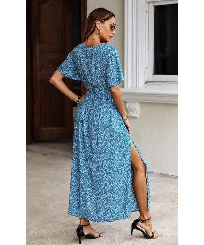 Women's Summer Maxi Dress Casual Boho Floral Wrap V Neck Short Sleeve Ruffle Split Flowy Long Beach Dresses with Belt Blue Wh...