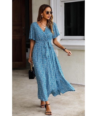 Women's Summer Maxi Dress Casual Boho Floral Wrap V Neck Short Sleeve Ruffle Split Flowy Long Beach Dresses with Belt Blue Wh...