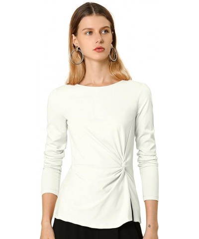 Women's Long Sleeve Tops Round Neck Front Twist Tops Ruched Long Sleeve T Shirt White $16.23 Blouses