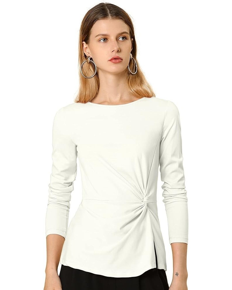 Women's Long Sleeve Tops Round Neck Front Twist Tops Ruched Long Sleeve T Shirt White $16.23 Blouses