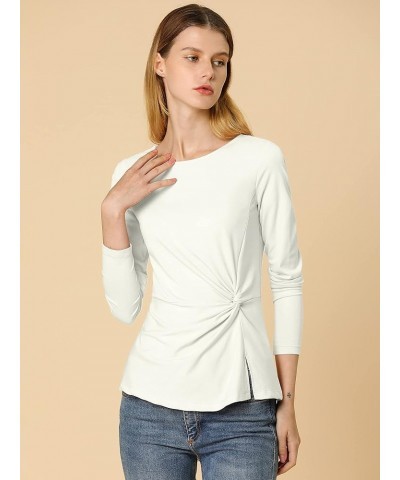 Women's Long Sleeve Tops Round Neck Front Twist Tops Ruched Long Sleeve T Shirt White $16.23 Blouses