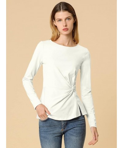 Women's Long Sleeve Tops Round Neck Front Twist Tops Ruched Long Sleeve T Shirt White $16.23 Blouses