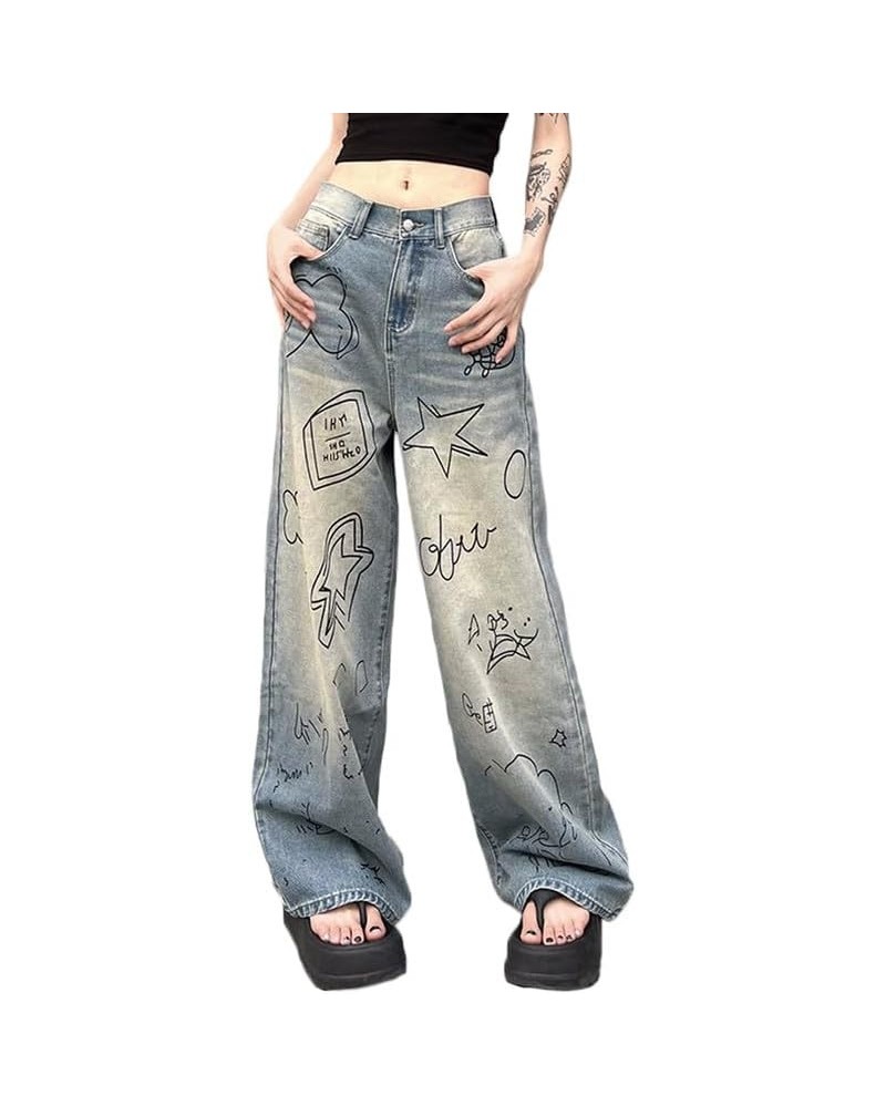 Women Low Waist Ripped Jeans Y2K Wide Leg Baggy Cargo Jeans Vintage Printed Grunge Denim Pants Trendy Streetwear Ys-blue Grap...