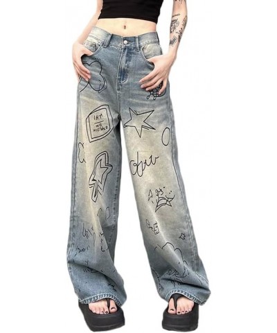 Women Low Waist Ripped Jeans Y2K Wide Leg Baggy Cargo Jeans Vintage Printed Grunge Denim Pants Trendy Streetwear Ys-blue Grap...