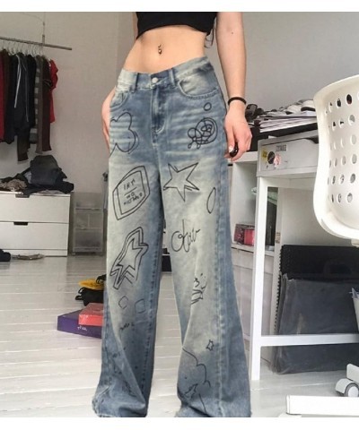 Women Low Waist Ripped Jeans Y2K Wide Leg Baggy Cargo Jeans Vintage Printed Grunge Denim Pants Trendy Streetwear Ys-blue Grap...