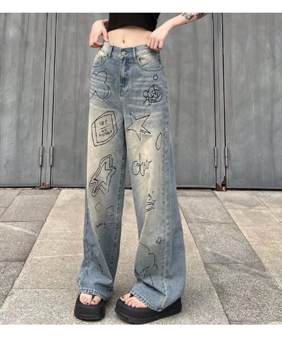 Women Low Waist Ripped Jeans Y2K Wide Leg Baggy Cargo Jeans Vintage Printed Grunge Denim Pants Trendy Streetwear Ys-blue Grap...