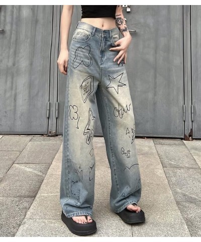 Women Low Waist Ripped Jeans Y2K Wide Leg Baggy Cargo Jeans Vintage Printed Grunge Denim Pants Trendy Streetwear Ys-blue Grap...