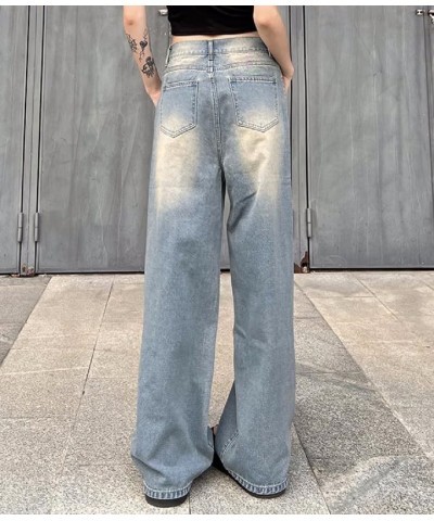 Women Low Waist Ripped Jeans Y2K Wide Leg Baggy Cargo Jeans Vintage Printed Grunge Denim Pants Trendy Streetwear Ys-blue Grap...