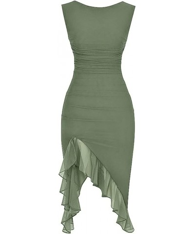 Women Ruffle Trim Mini Dress Y2k Sleeveless Bodycon Dress Solid Color Backless Mesh Ruffled Party Tank Dress Gray Green $11.7...