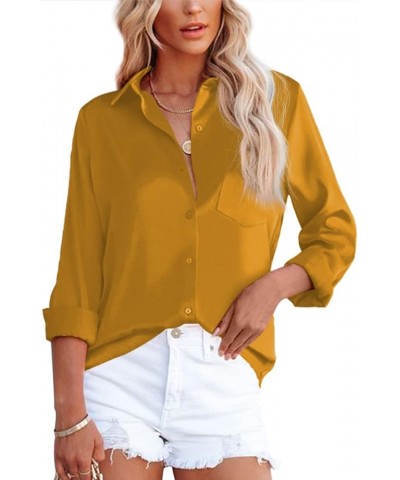 Womens Button Down Shirts V Neck Satin Casual Long/Short Sleeve Plain Blouses Office Work Tops with Pocket Yellow $9.35 Blouses