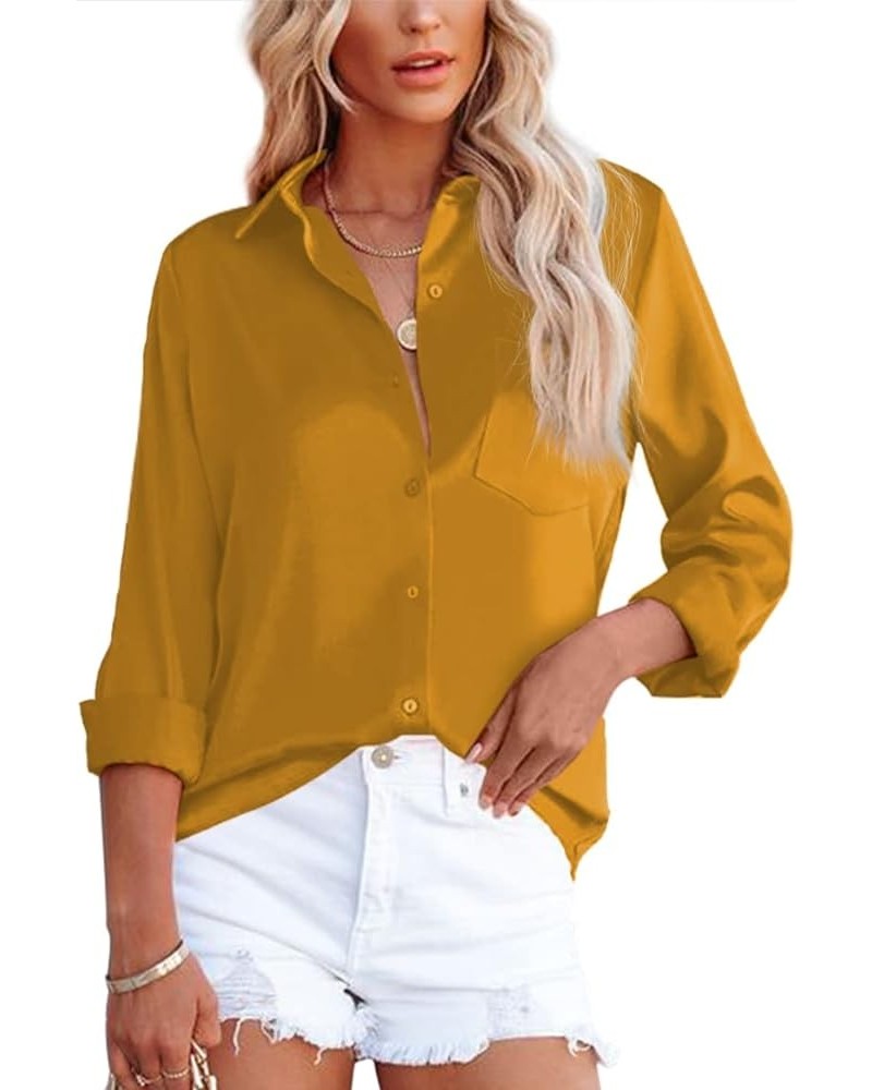 Womens Button Down Shirts V Neck Satin Casual Long/Short Sleeve Plain Blouses Office Work Tops with Pocket Yellow $9.35 Blouses