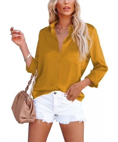 Womens Button Down Shirts V Neck Satin Casual Long/Short Sleeve Plain Blouses Office Work Tops with Pocket Yellow $9.35 Blouses