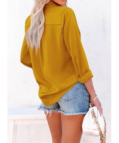 Womens Button Down Shirts V Neck Satin Casual Long/Short Sleeve Plain Blouses Office Work Tops with Pocket Yellow $9.35 Blouses