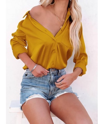 Womens Button Down Shirts V Neck Satin Casual Long/Short Sleeve Plain Blouses Office Work Tops with Pocket Yellow $9.35 Blouses