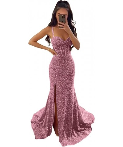 Mermaid Sequin Prom Dresses 2024 Long with Slit Sparkly Spaghetti Straps Corset Formal Evening Party Gowns Dusty Rose $31.50 ...