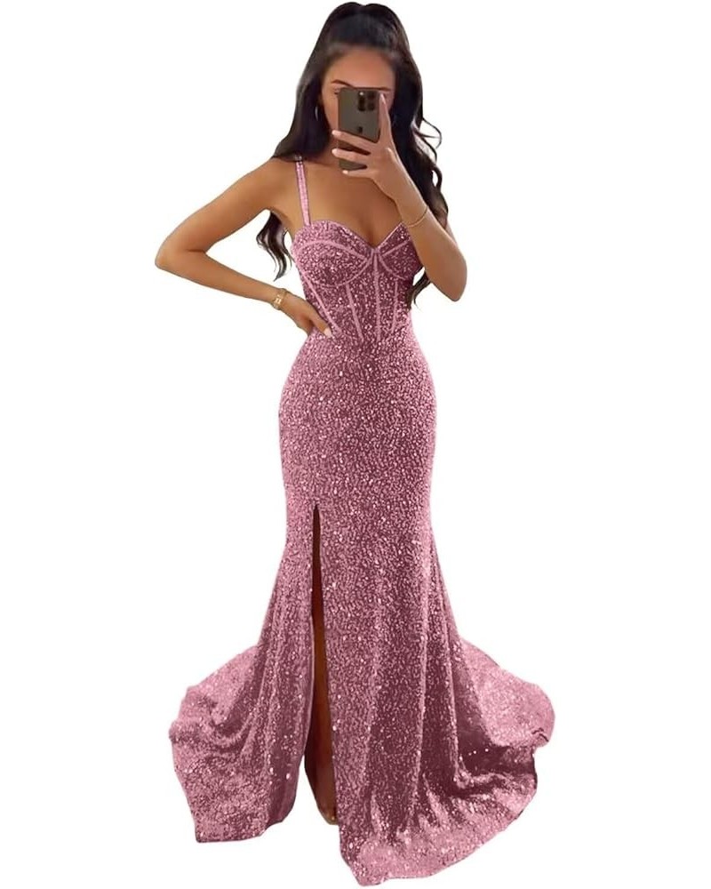 Mermaid Sequin Prom Dresses 2024 Long with Slit Sparkly Spaghetti Straps Corset Formal Evening Party Gowns Dusty Rose $31.50 ...