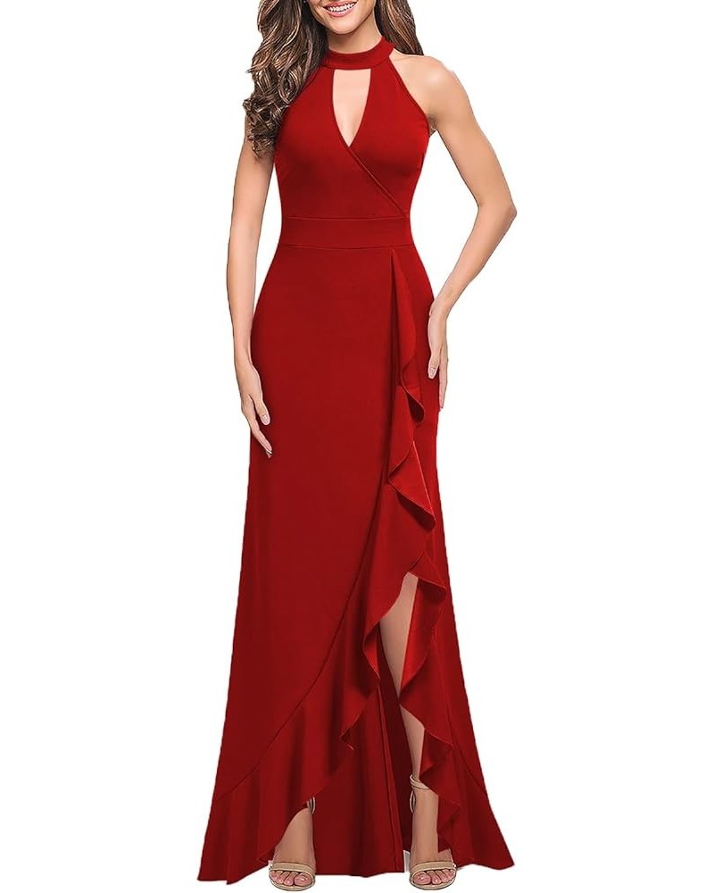 Women's High Neck Sleeveless Split Bodycon Mermaid Evening Cocktail Long Dress Red $33.03 Dresses