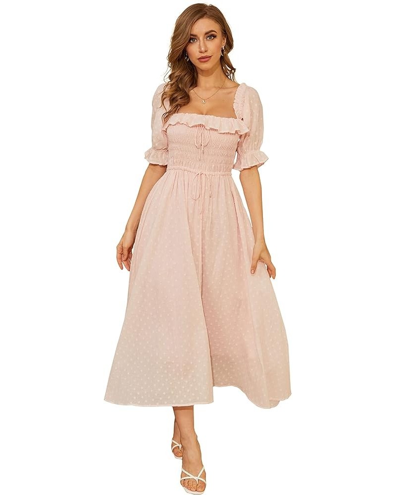 Women Vintage Elastic Square Neck Ruffled Half Sleeve Summer Backless Beach Flowy Maxi Dresses Light Pink $19.32 Dresses