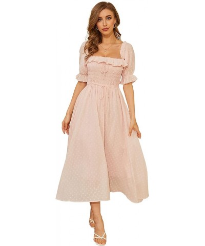 Women Vintage Elastic Square Neck Ruffled Half Sleeve Summer Backless Beach Flowy Maxi Dresses Light Pink $19.32 Dresses