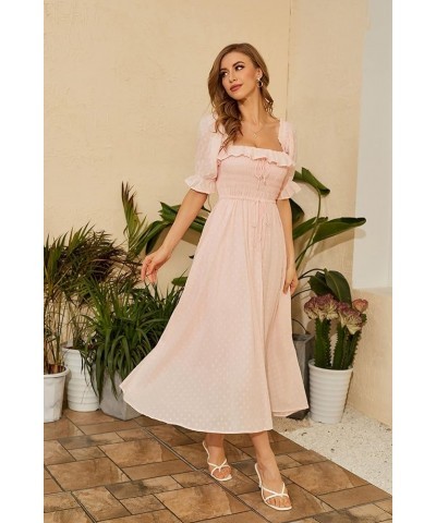 Women Vintage Elastic Square Neck Ruffled Half Sleeve Summer Backless Beach Flowy Maxi Dresses Light Pink $19.32 Dresses