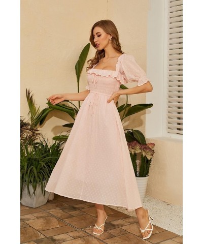 Women Vintage Elastic Square Neck Ruffled Half Sleeve Summer Backless Beach Flowy Maxi Dresses Light Pink $19.32 Dresses