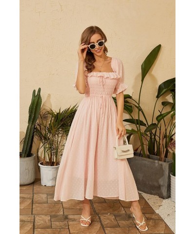 Women Vintage Elastic Square Neck Ruffled Half Sleeve Summer Backless Beach Flowy Maxi Dresses Light Pink $19.32 Dresses