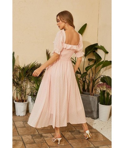 Women Vintage Elastic Square Neck Ruffled Half Sleeve Summer Backless Beach Flowy Maxi Dresses Light Pink $19.32 Dresses