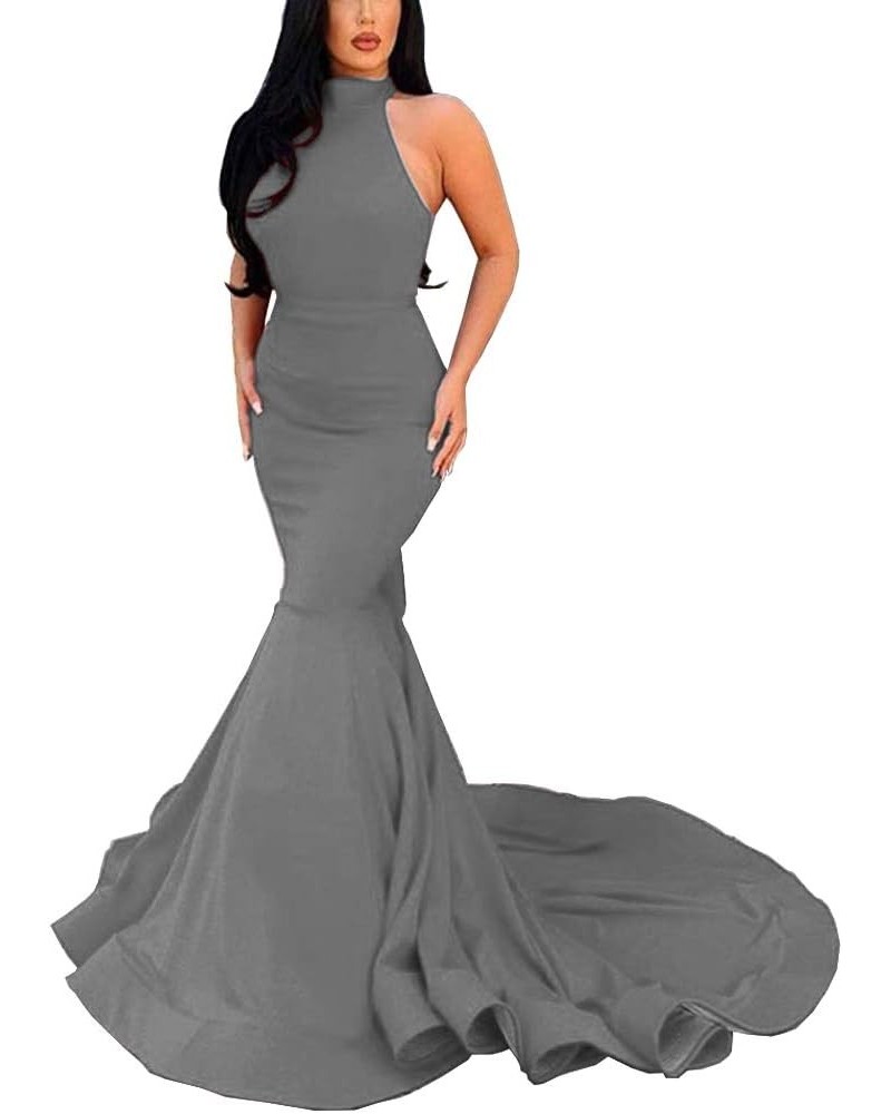 Women's Mermaid Halter Neck Sleeveless Evening Dresses with Train Grey $48.36 Dresses