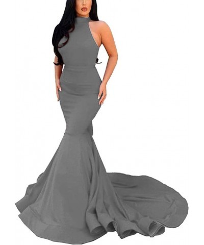 Women's Mermaid Halter Neck Sleeveless Evening Dresses with Train Grey $48.36 Dresses