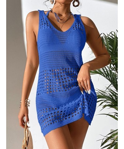 Women's Crochet Bikini Cover Ups Bathing Suit Swimsuit Spaghetti Strap Hollow Out Beach Dress Blue $12.18 Swimsuits