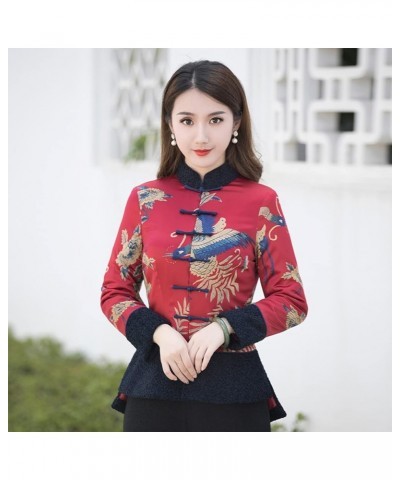 Women Qipao Botton Cotton Clothes Chinese Style Print Tang Suit Clothes Lady Slim Coats Oriental Clothing red-L 3X-Large Red ...