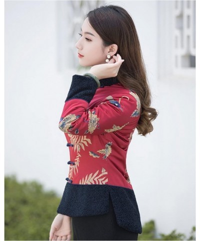 Women Qipao Botton Cotton Clothes Chinese Style Print Tang Suit Clothes Lady Slim Coats Oriental Clothing red-L 3X-Large Red ...