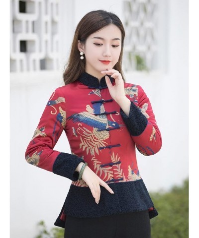 Women Qipao Botton Cotton Clothes Chinese Style Print Tang Suit Clothes Lady Slim Coats Oriental Clothing red-L 3X-Large Red ...