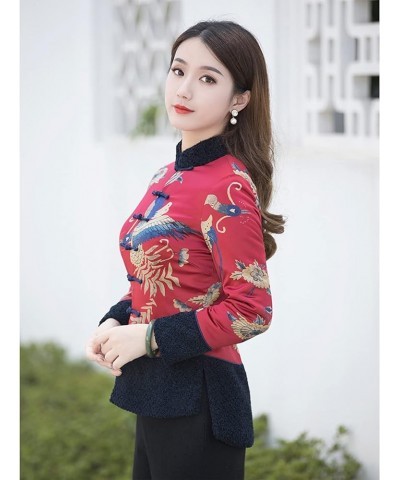 Women Qipao Botton Cotton Clothes Chinese Style Print Tang Suit Clothes Lady Slim Coats Oriental Clothing red-L 3X-Large Red ...