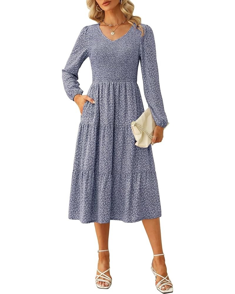 Women Fall V Neck Long Sleeve Casual Solid/Floral Tiered Smocked Midi Dress Floral-blue(pockets) $16.45 Dresses