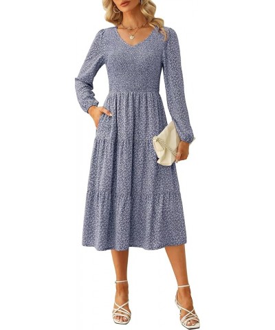 Women Fall V Neck Long Sleeve Casual Solid/Floral Tiered Smocked Midi Dress Floral-blue(pockets) $16.45 Dresses