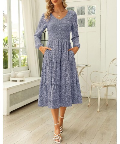 Women Fall V Neck Long Sleeve Casual Solid/Floral Tiered Smocked Midi Dress Floral-blue(pockets) $16.45 Dresses