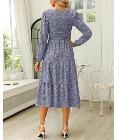 Women Fall V Neck Long Sleeve Casual Solid/Floral Tiered Smocked Midi Dress Floral-blue(pockets) $16.45 Dresses