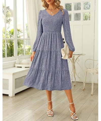 Women Fall V Neck Long Sleeve Casual Solid/Floral Tiered Smocked Midi Dress Floral-blue(pockets) $16.45 Dresses