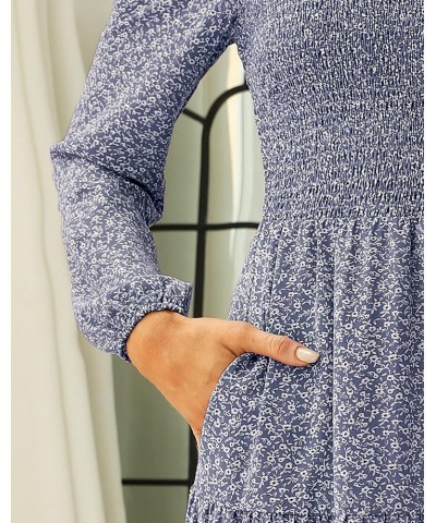 Women Fall V Neck Long Sleeve Casual Solid/Floral Tiered Smocked Midi Dress Floral-blue(pockets) $16.45 Dresses