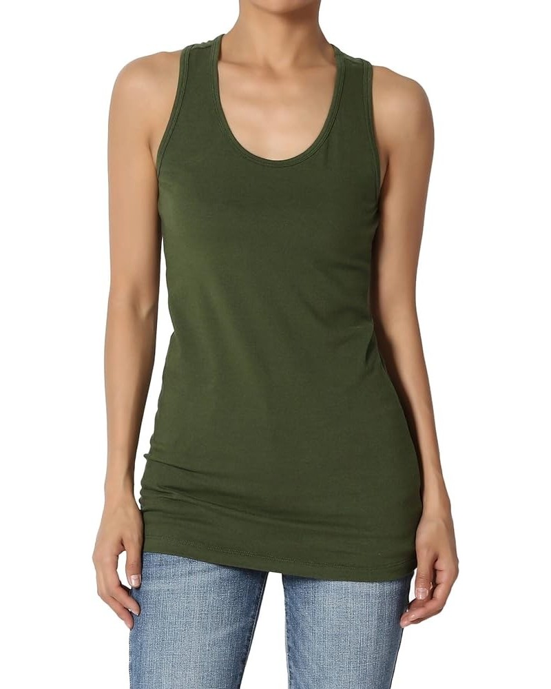 Women's Basic Scoop Neck Racerback Stretch Cotton Tank Top Sleeveless Sporty Tee Army Green $8.31 Tanks