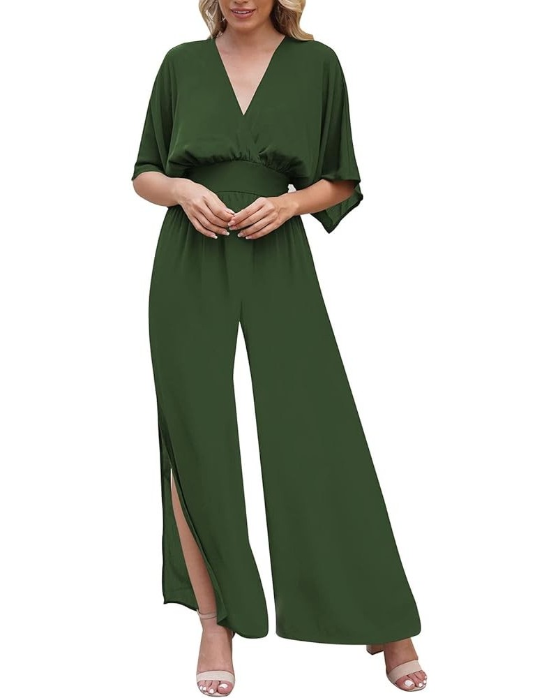 Jumpsuit for Women Casual Loose Short Sleeve Wide Leg Pant Romper V Neck Summer One Piece Outfits Green $11.25 Jumpsuits