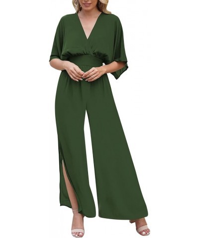 Jumpsuit for Women Casual Loose Short Sleeve Wide Leg Pant Romper V Neck Summer One Piece Outfits Green $11.25 Jumpsuits