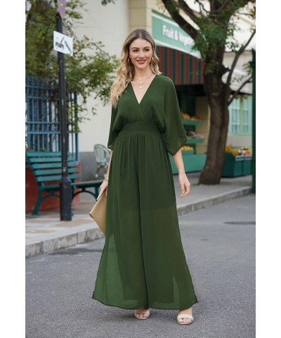 Jumpsuit for Women Casual Loose Short Sleeve Wide Leg Pant Romper V Neck Summer One Piece Outfits Green $11.25 Jumpsuits