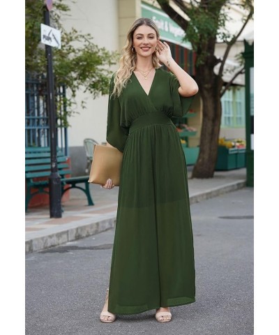 Jumpsuit for Women Casual Loose Short Sleeve Wide Leg Pant Romper V Neck Summer One Piece Outfits Green $11.25 Jumpsuits