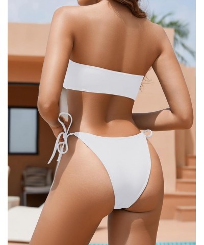 Women's Bandeau Bikini Sets O Ring Cinched Two Piece Swimsuit Tie Side Cheeky Bathing Suits White $14.27 Swimsuits