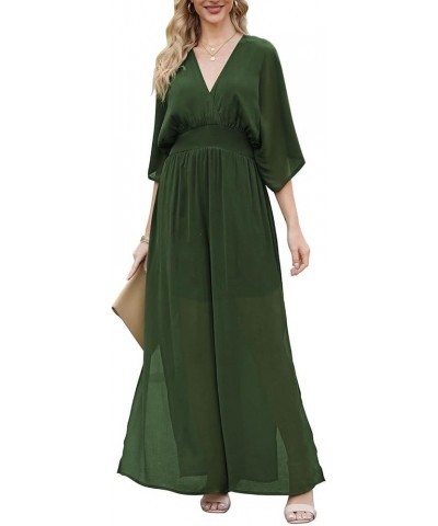 Jumpsuit for Women Casual Loose Short Sleeve Wide Leg Pant Romper V Neck Summer One Piece Outfits Green $11.25 Jumpsuits