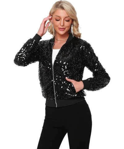 Womens Sequin Jacket Long Sleeve Zipper with Pockets Casual Party Sequin Bomber Jacket All Black $30.67 Jackets