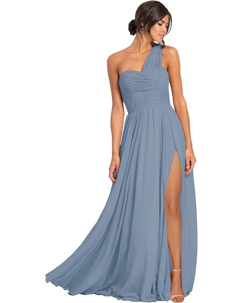 One Shoulder Bridesmaid Dresses for Women Ruched Chiffon Formal Dress with Pockets High Split Evening Gown Dusty Blue $26.40 ...